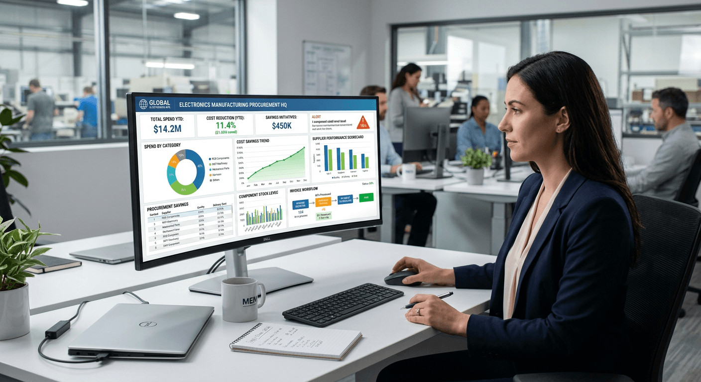 Procurement dashboard showing cost reduction strategies in procurement and electronic invoicing services metrics. Einkaufs-Dashboard, das Strategien zur Kostenreduzierung im Einkauf und Metriken zur elektronischen Rechnungsstellung zeigt.