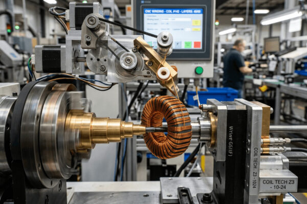 Precision custom magnetic coil winding process for high-frequency applications in an EMS facility.