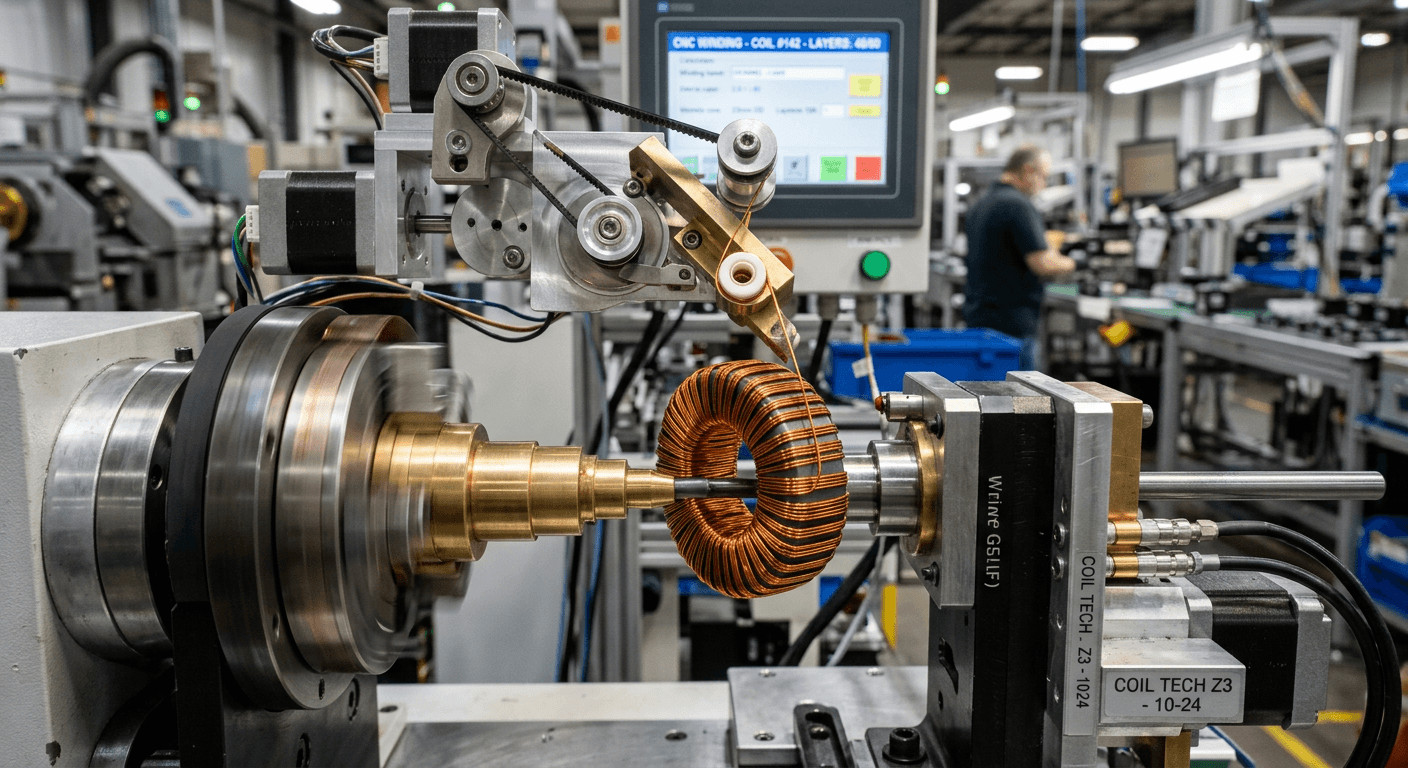 Precision custom magnetic coil winding process for high-frequency applications in an EMS facility.
