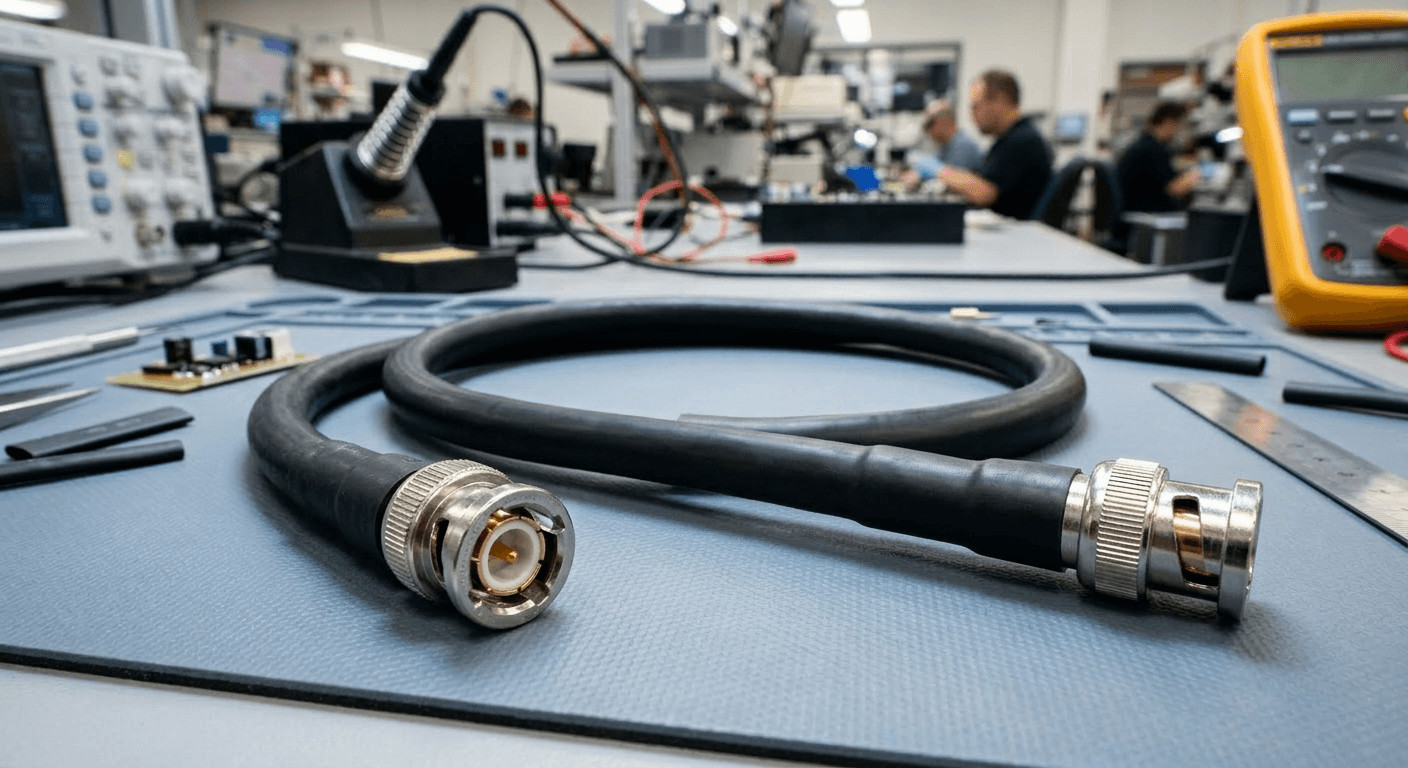 Precision RF cable assembly featuring a BNC to BNC connection for high-frequency industrial applications.
