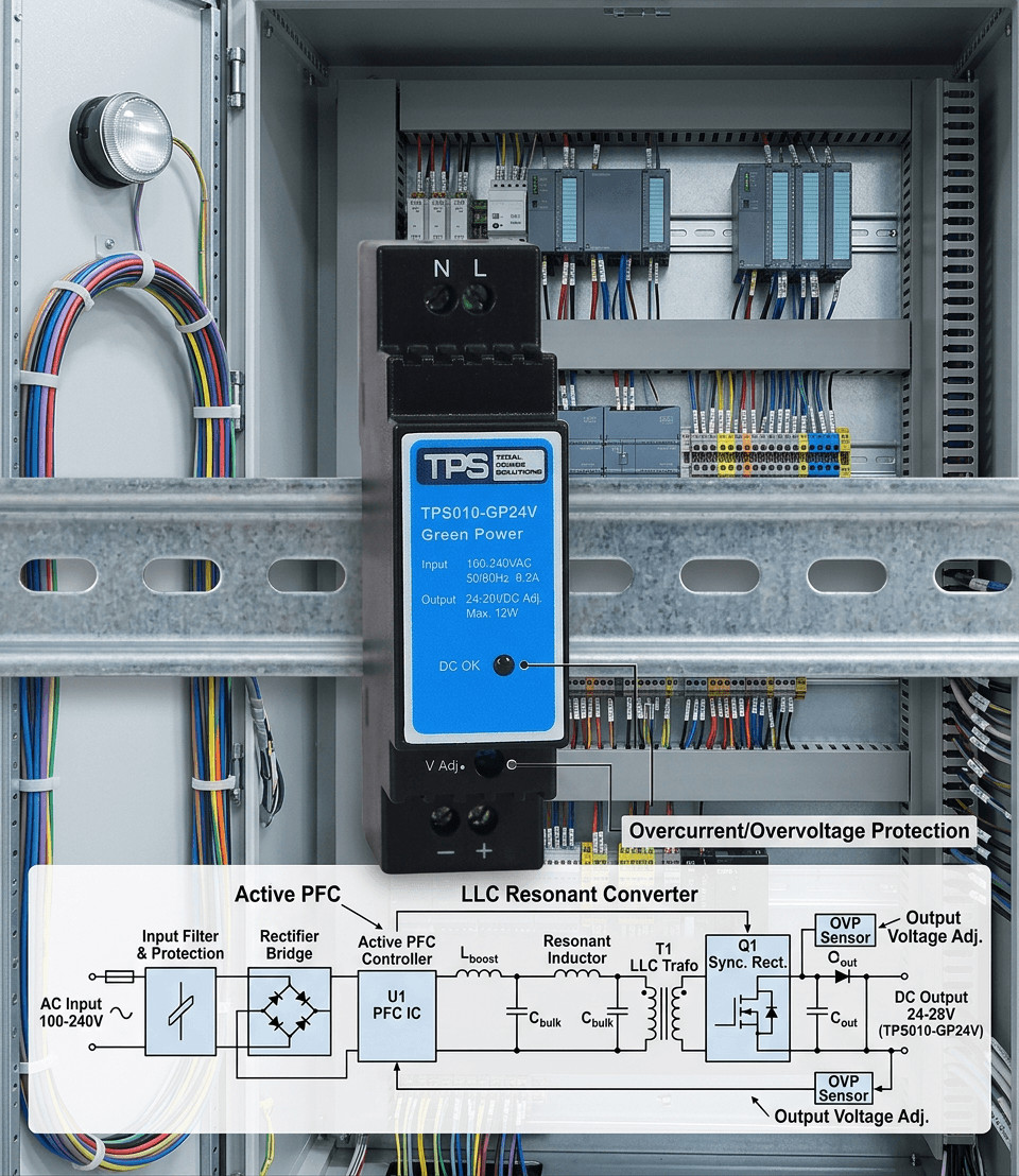 Block diagram of high efficiency DIN rail power supply showing input filter, active PFC, LLC resonant converter, synchronous rectification, output stage, and protection circuits Blockschaltbild des hocheffizienten Hutschienennetzteils mit Eingangsfilter, aktiver PFC, LLC‑Resonanzwandler, Synchrongleichrichtung, Ausgangsstufe und Schutzschaltungen