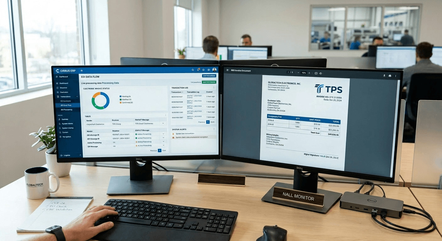 Electronic invoice service interface showing automated B2B billing and cost reduction techniques in procurement. Schnittstelle für elektronische Rechnungsstellung, die automatisierte B2B-Abrechnung und Techniken zur Kostenreduzierung im Einkauf zeigt.