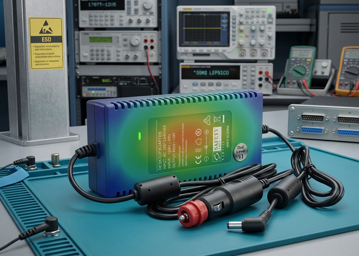 Fanless desktop power adapter with DoE Level VI efficiency rating on a lab workbench.
