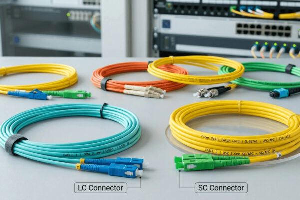 Comparison of optical fiber termination types including LC connector and SC connector for high-speed data transmission.