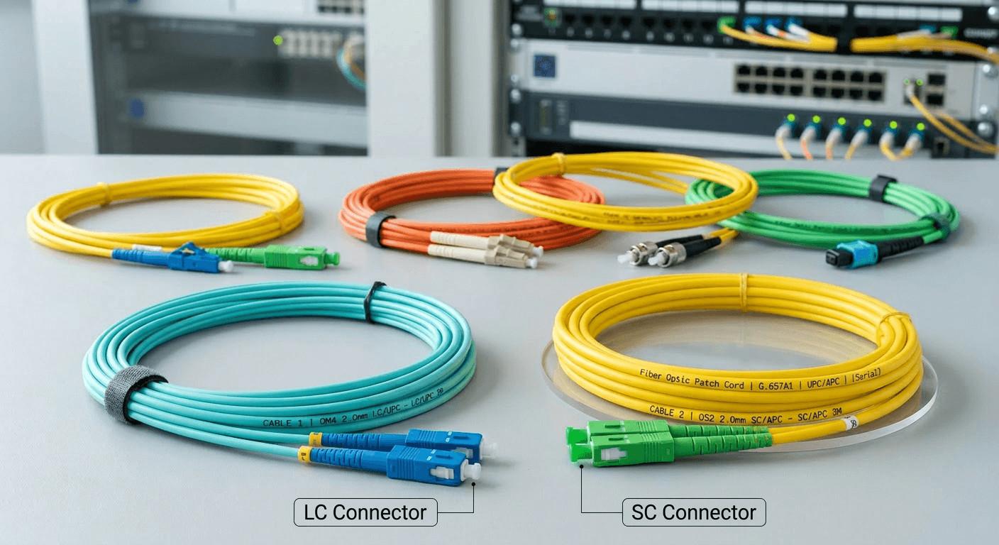 Comparison of optical fiber termination types including LC connector and SC connector for high-speed data transmission.
