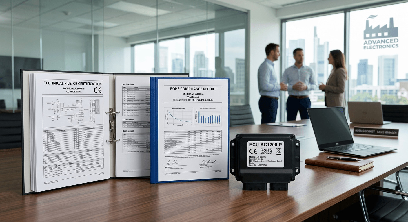 CE-Kennzeichnungsdokumentation und RoHS-Konformitätsbericht mit technischer Akte und Produktetikett

