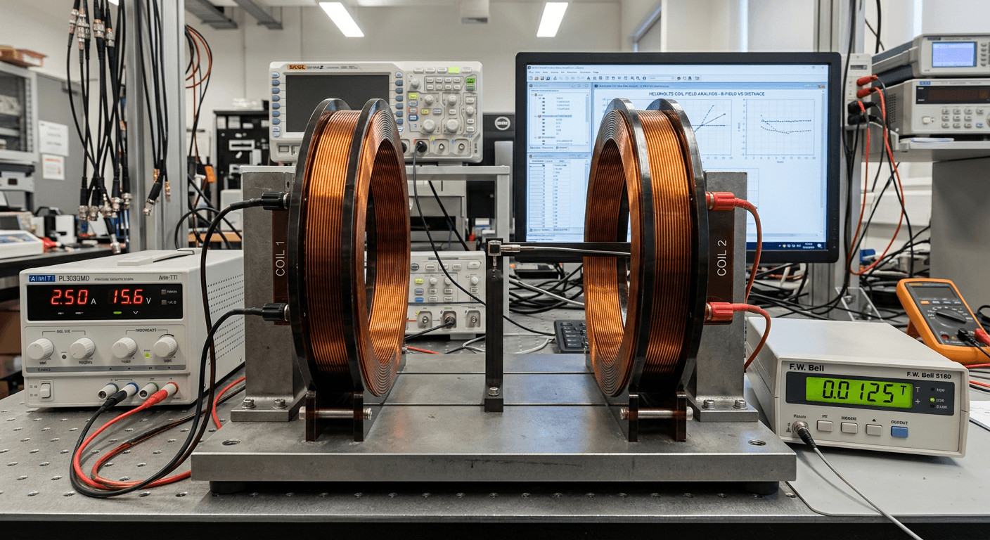 Precision engineered Helmholtz coils used for generating uniform magnetic fields in testing equipment.
