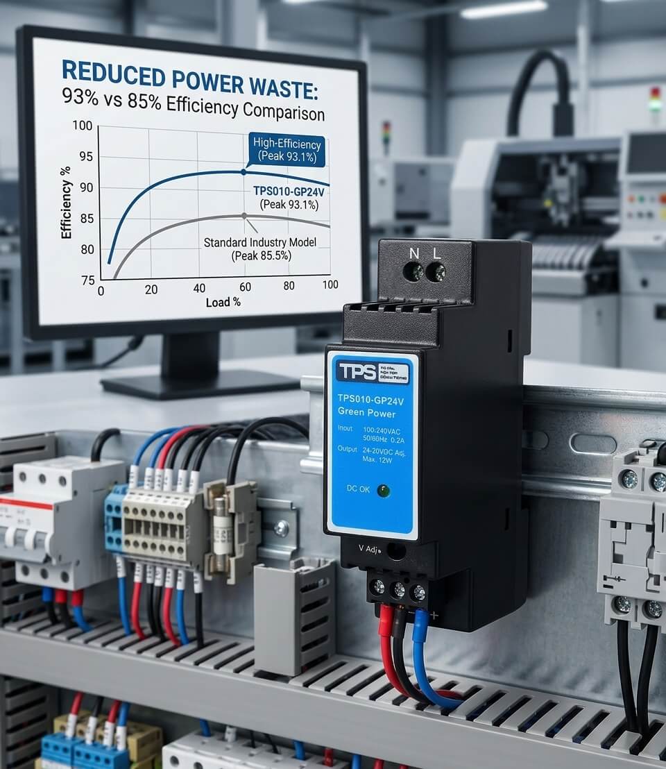 Comparison chart: efficiency curves of standard vs. high efficiency DIN rail power supply across load range, highlighting 93% peak efficiency Vergleichsgrafik: Wirkungsgradkurven von Standard- vs. hocheffizientem Hutschienennetzteil über den Lastbereich, mit 93 % Spitzenwirkungsgrad