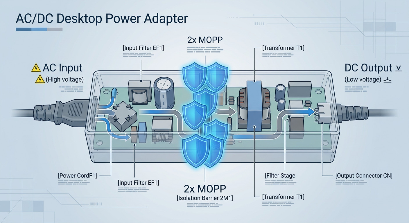  Infographic illustrating 2x MOPP isolation in an IEC 60601-1 compliant power supply.
