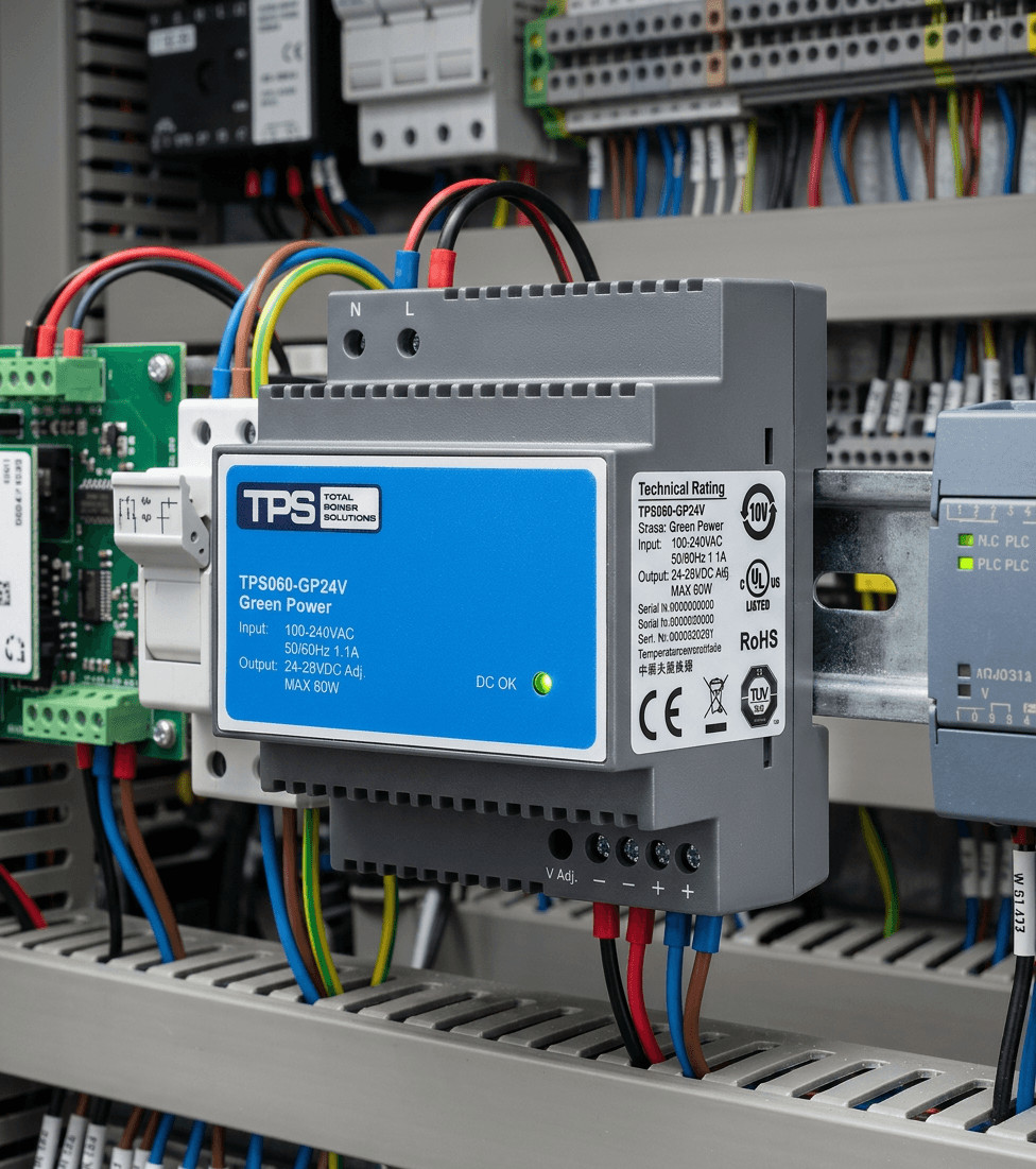 Overview table of TPS‑DR DIN rail power supply SKUs: power ratings, output voltages, efficiency, dimensions, and certifications Übersichtstabelle der TPS‑DR Hutschienennetzteil‑Typen: Leistung, Ausgangsspannungen, Wirkungsgrad, Abmessungen und Zertifizierungen