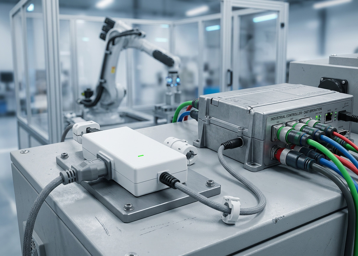 Industrial ATX power supply integrated into an embedded automation controller chassis.