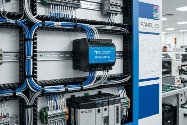 Close-up photo of TPS‑DR DIN rail power supply showing CE, UL, RoHS, and TÜV certification labels on the side label Nahaufnahme des TPS‑DR Hutschienennetzteils mit CE-, UL-, RoHS- und TÜV-Zertifizierungslogos auf dem Typenschild