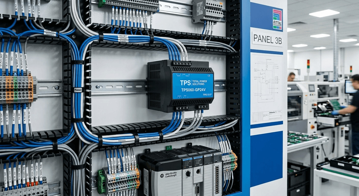 Close-up photo of TPS‑DR DIN rail power supply showing CE, UL, RoHS, and TÜV certification labels on the side label Nahaufnahme des TPS‑DR Hutschienennetzteils mit CE-, UL-, RoHS- und TÜV-Zertifizierungslogos auf dem Typenschild