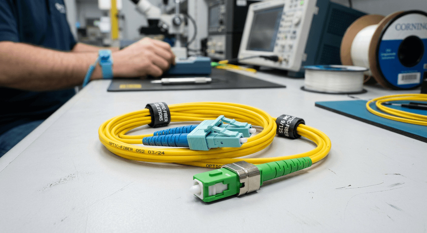 Fiber optic cable assemblies with LC and SC connectors, showing precision polished end-faces and strain relief

