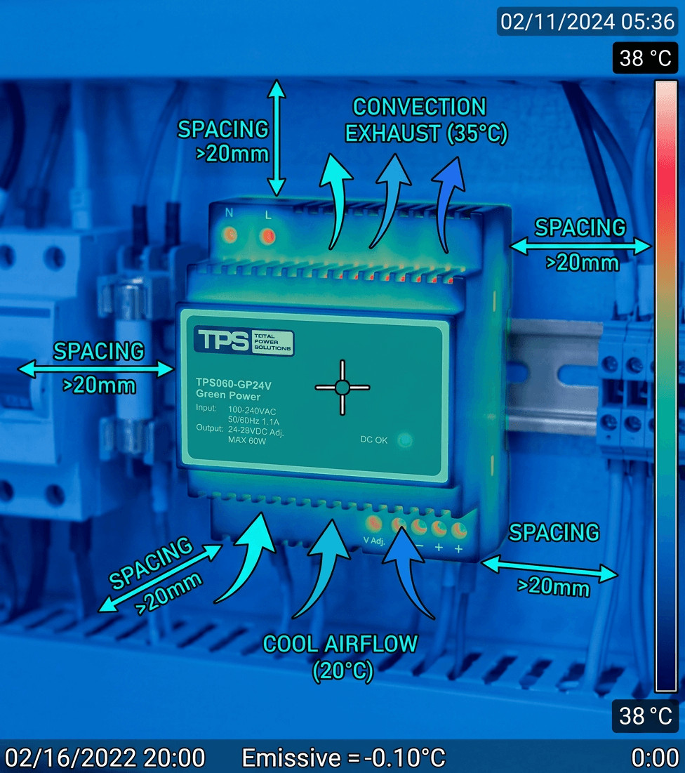Thermal image showing surface temperature of a high efficiency DIN rail power supply inside a control panel, with annotations of airflow and spacing recommendations Thermografiebild mit Oberflächentemperatur eines hocheffizienten Hutschienennetzteils im Schaltschrank, mit Markierungen zu Luftströmung und Abstandsempfehlungen