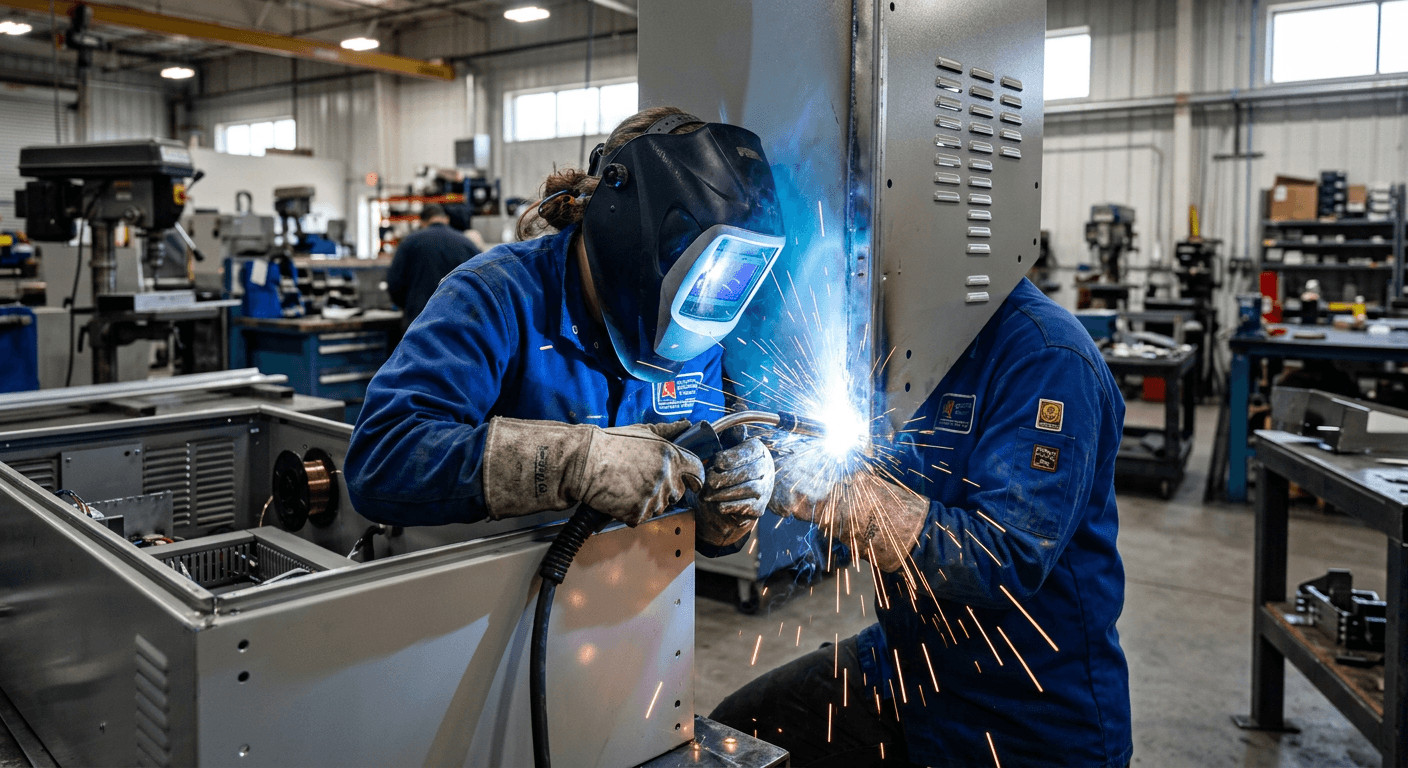 Technician performing MIG welding on a custom sheet metal enclosure, demonstrating advanced sheet metal fabrication processes. Techniker führt MIG-Schweißen an einem kundenspezifischen Blechgehäuse durch und demonstriert fortschrittliche Blechfertigungsprozesse.