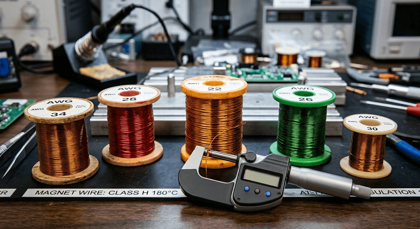 Various AWG sizes of magnet and wire with different wire insulation materials for electronic transformers.
