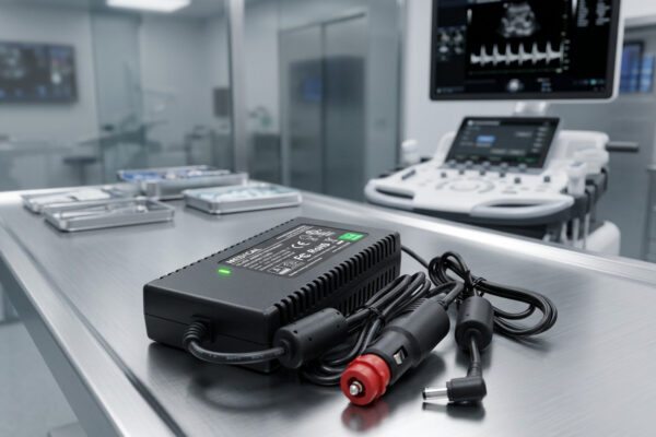 Medical grade desktop adapter powering a diagnostic ultrasound machine in a clinical setting.