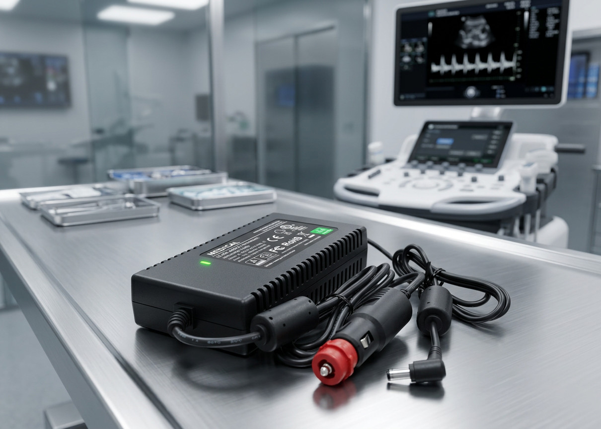 Medical grade desktop adapter powering a diagnostic ultrasound machine in a clinical setting.
