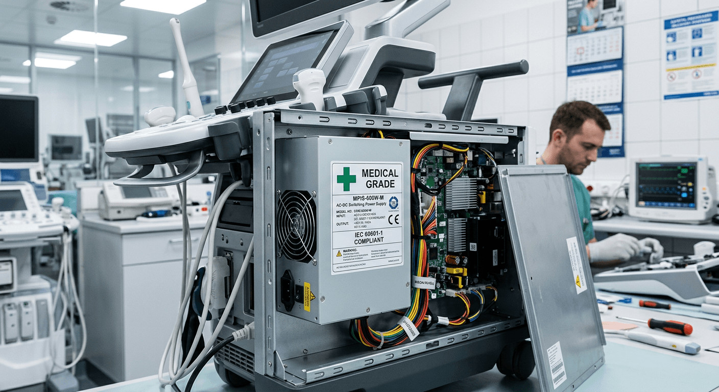 Medical grade ATX power supply installed in a clinical diagnostic imaging device.
