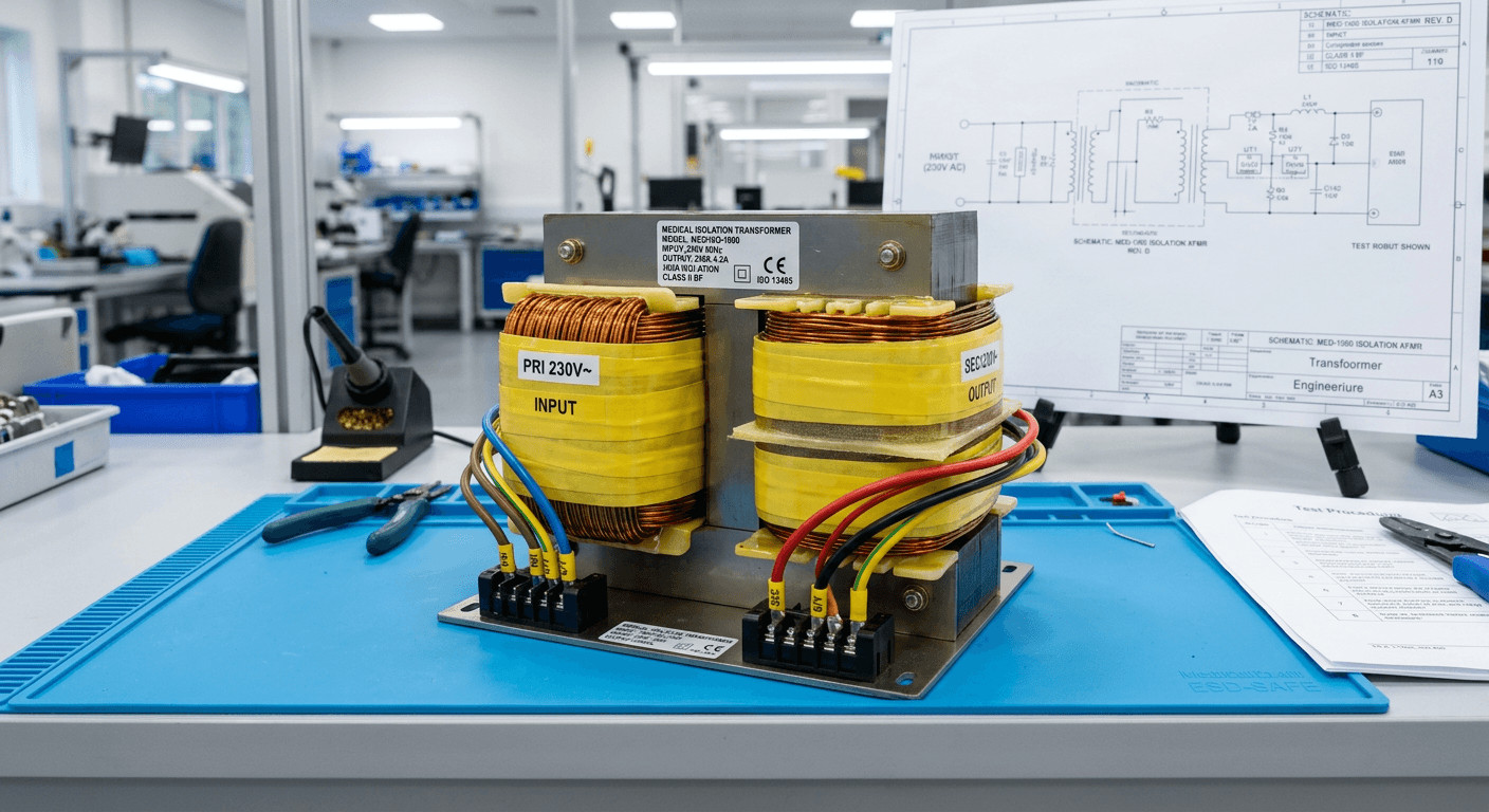 High-isolation medical transformer built with specialized bonding wire for safety compliance.
