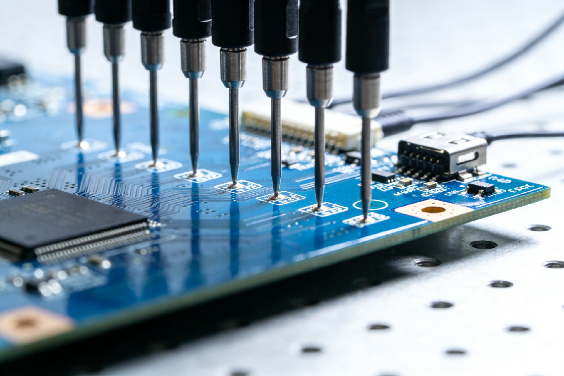 Eine automatisierte PCB-Prüfmaschine mit einer Bett-von-Nägeln-Vorrichtung. Die Vorrichtung enthält einen Needle Test Adapter mit Bakelitbasis und Aluminiumprofilen. Das System testet gerade die Hauptplatine eines Smart-TVs, wobei Prüfspitzen Kontakt mit den Testpunkten herstellen. Der Gesamtaufbau zeigt die Integration von Needle Test Adaptern in eine Produktionstestlinie.