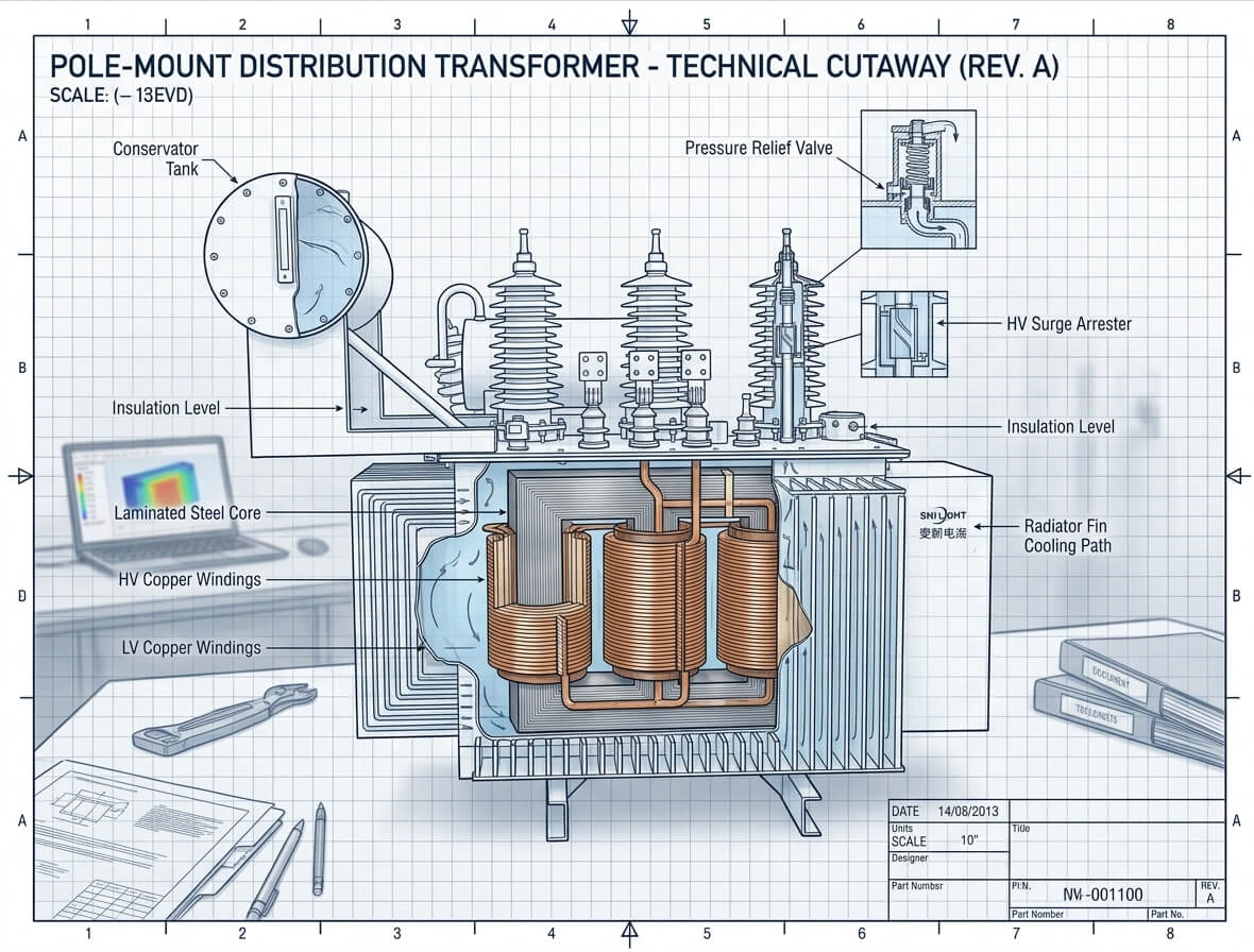 Internal view of an Oil Immersed Transformer showing copper windings, iron core, and lightning arrester. Innenansicht eines ölgefüllten Transformators mit Kupferwicklungen, Eisenkern und Überspannungsableiter.