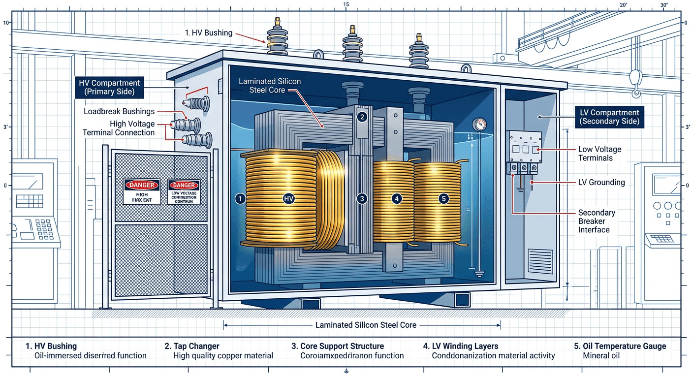 Internal view of an Oil Immersed Transformer showing copper windings, iron core, and isolated HV/LV compartments. Internal view of an Oil Immersed Transformer showing copper windings, iron core, and isolated HV/LV compartments.
