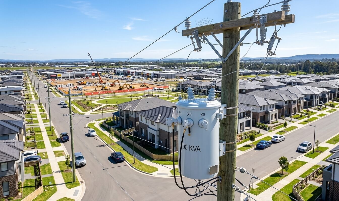 10kVA to 333kVA Transformer providing stable single phase power to a commercial construction site. 10kVA bis 333kVA Transformator, der eine stabile einphasige Stromversorgung für eine gewerbliche Baustelle bietet.
