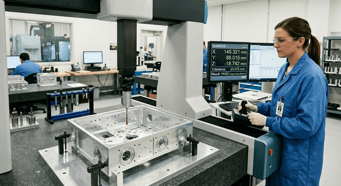 Quality inspection of tapped holes and bearing pockets on machined aluminum component with coordinate measuring machine Qualitätsprüfung von Gewindebohrungen und Lageraufnahmen an gefrästem Aluminiumbauteil mit Koordinatenmessgerät