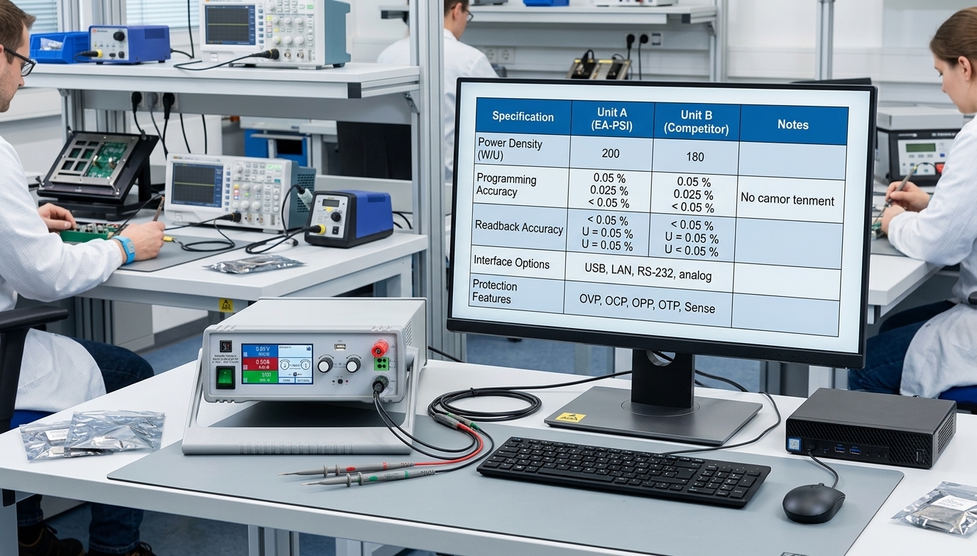 Technical specification comparison table for programmable DC power supplies showing power density, programming accuracy, and interface options Technische Spezifikationsvergleichstabelle für programmierbare DC-Stromversorgungen mit Leistungsdichte, Genauigkeit und Schnittstellen