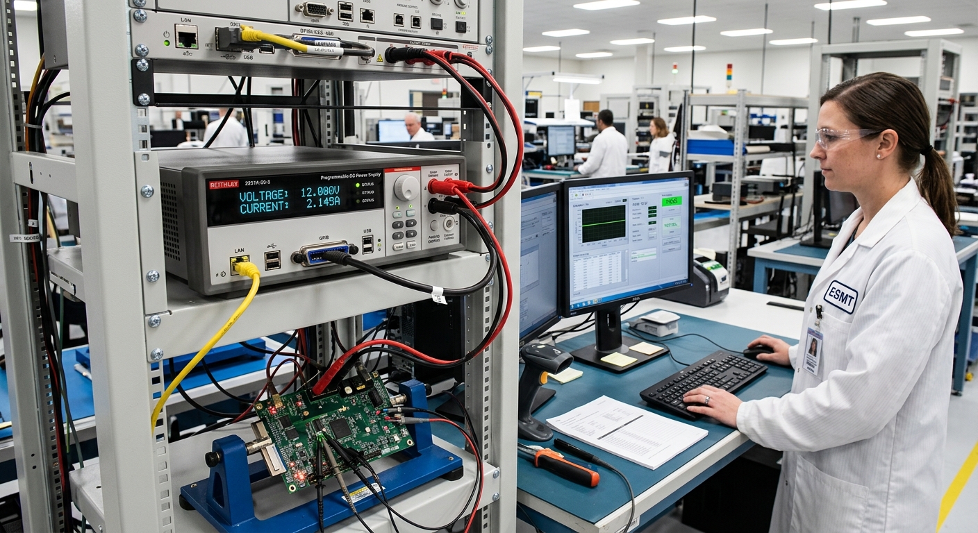 Back panel of programmable DC power supply showing Ethernet, GPIB, RS-232, and analog control connectors with labeling Rückseite einer programmierbaren DC-Stromversorgung mit Ethernet-, GPIB-, RS-232- und Analogsteuerungsanschlüssen