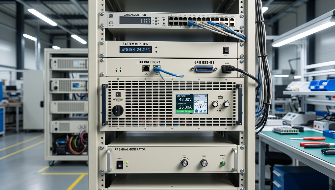 19-inch rack with 1U, 2U, and 3U programmable DC power supplies stacked, showing front panel displays and control interfaces 19-Zoll-Rack mit gestapelten 1U-, 2U- und 3U-programmierbaren DC-Stromversorgungen mit Frontblenden und Steuerungen