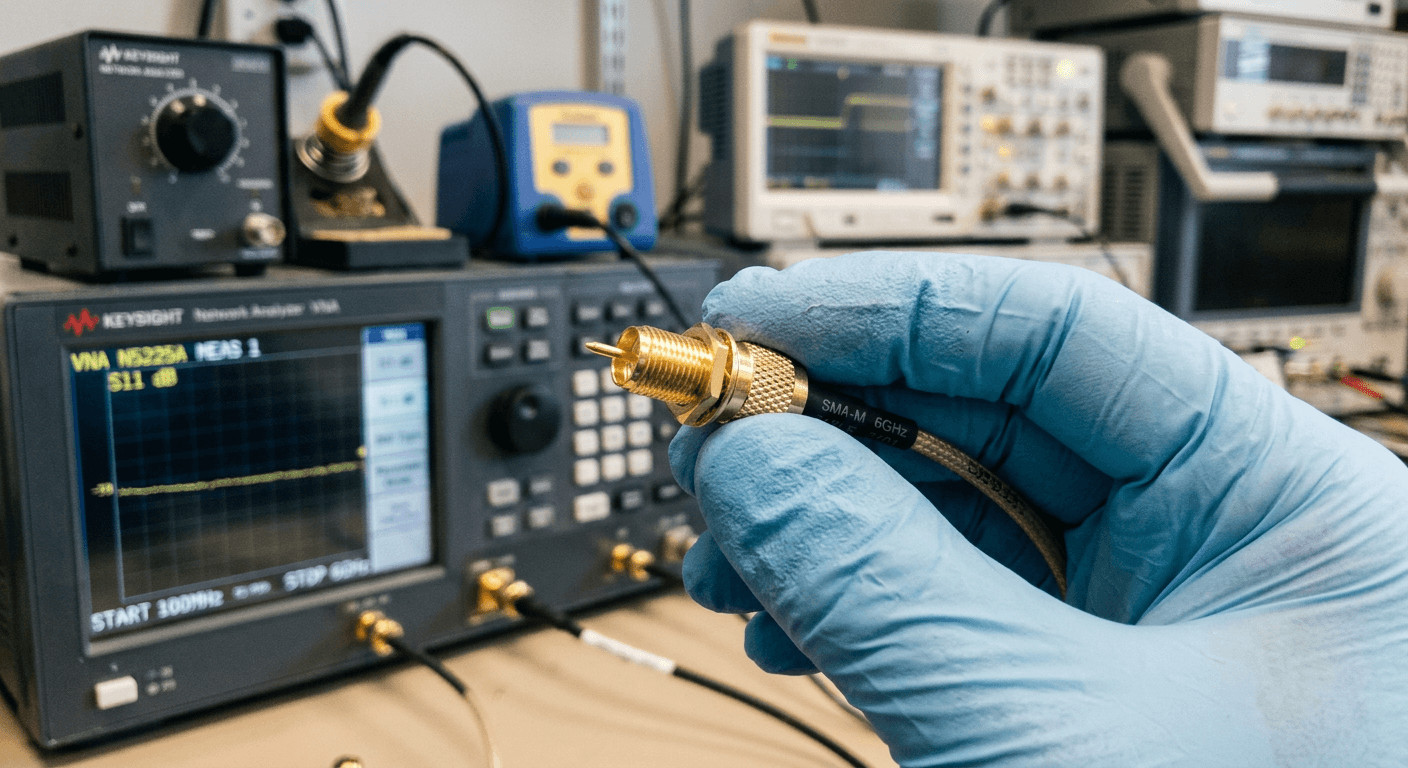  Technician inspecting an SMA plug to SMA plug cable assembly used in precision measurement equipment.
