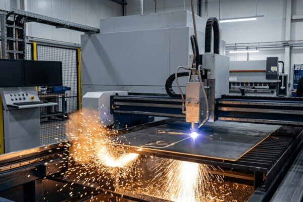 High-precision sheet metal laser cutting machine processing stainless steel for electronics enclosures. Hochpräzise Laserschneidmaschine für Bleche bei der Verarbeitung von Edelstahl für Elektronikgehäuse.