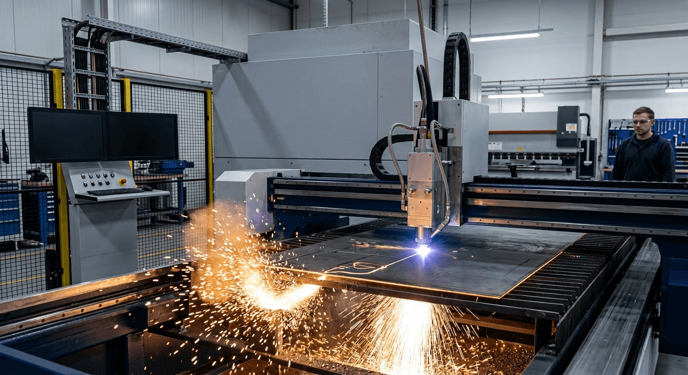 High-precision sheet metal laser cutting machine processing stainless steel for electronics enclosures. Hochpräzise Laserschneidmaschine für Bleche bei der Verarbeitung von Edelstahl für Elektronikgehäuse.