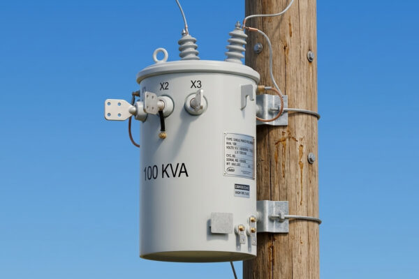 Single Phase Pole Mounted Transformer installed on a utility pole for overhead distribution. Einphasiger Masttransformator, installiert an einem Strommast für die Freileitungsverteilung.