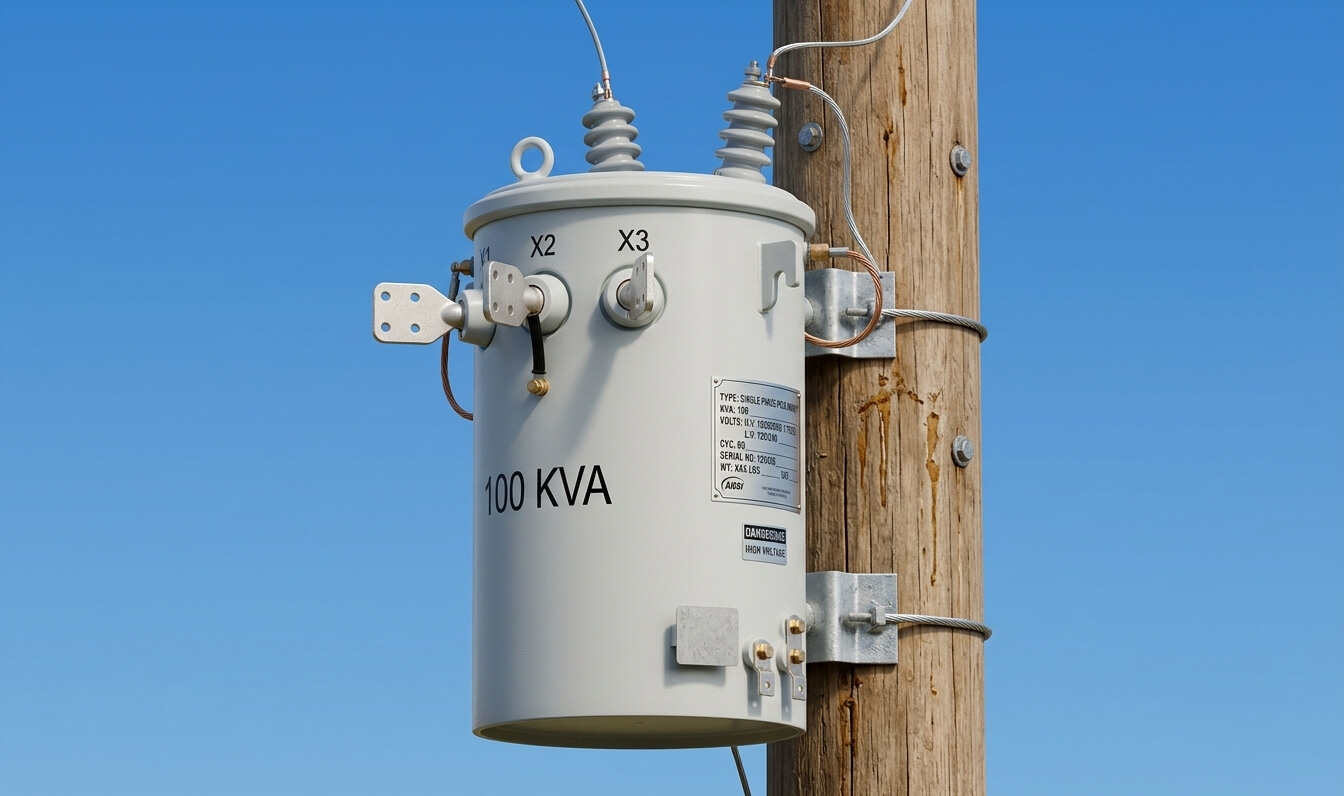 Single Phase Pole Mounted Transformer installed on a utility pole for overhead distribution. Einphasiger Masttransformator, installiert an einem Strommast für die Freileitungsverteilung.