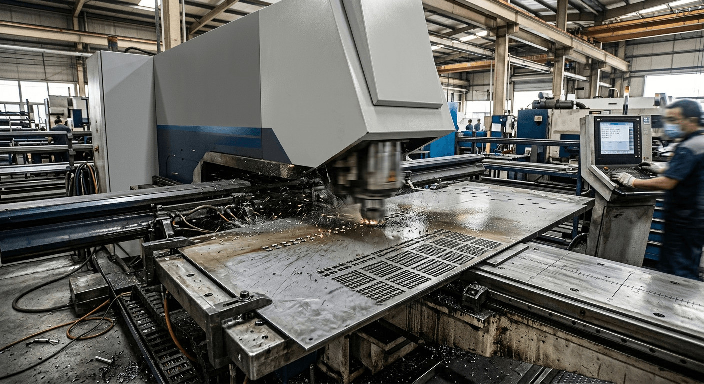 Automated steel sheet punching machine creating ventilation holes for a custom sheet metal fabrication project. Automatisierte CNC-Stanzmaschine für Stahlbleche, die Lüftungslöcher für ein kundenspezifisches Blechfertigungsprojekt erstellt.