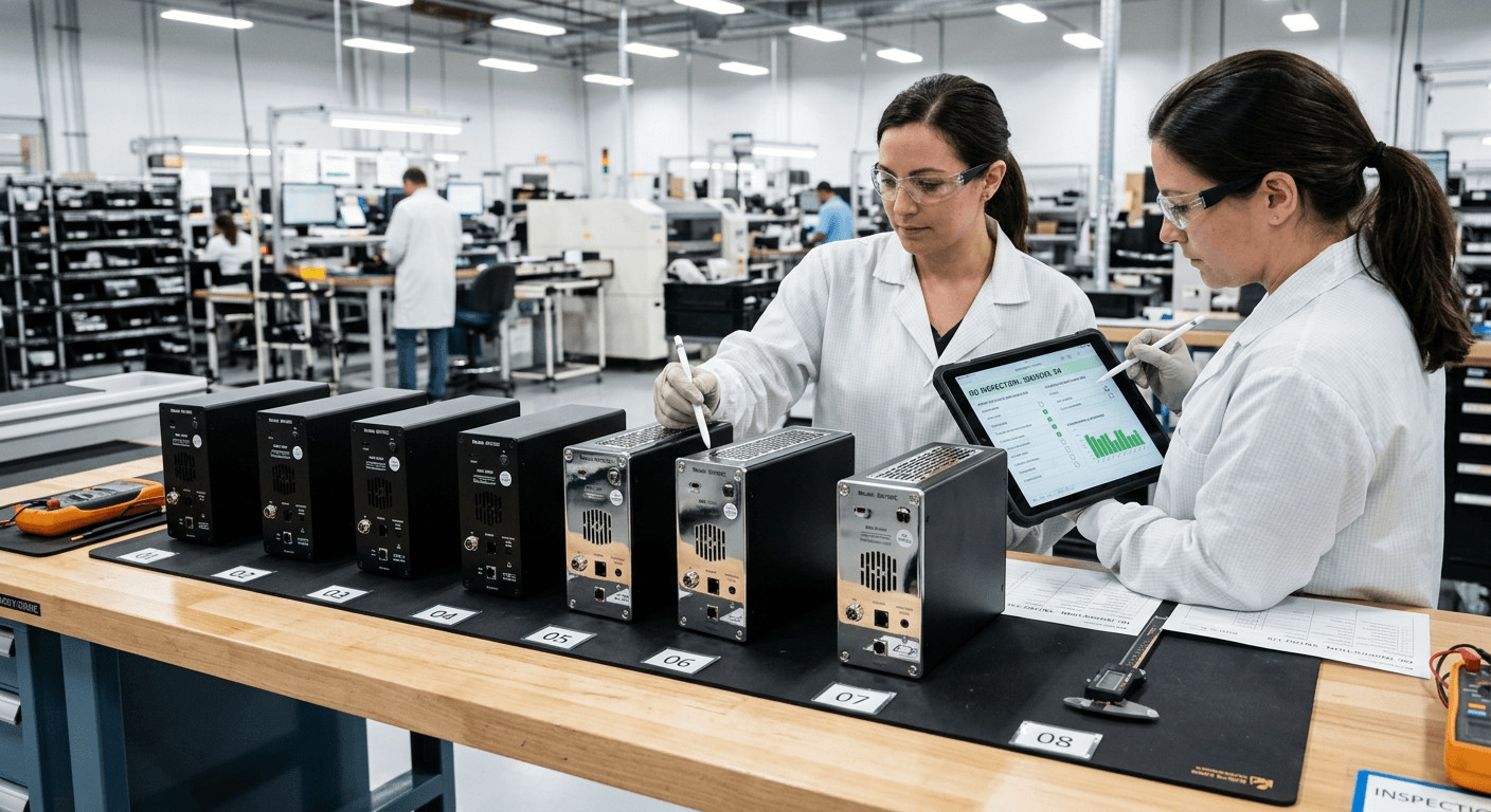 Finished electronics enclosures with chrome plating materials and powder coating applied after the sheet metal process. Fertige Elektronikgehäuse mit verchromten Materialien und Pulverbeschichtung nach dem Blechprozess.
