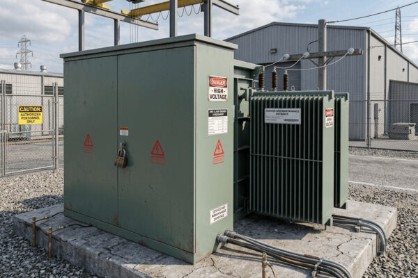 Outdoor Three Phase Pad Mounted Transformer with lockable cabinet and radiator cooling for industrial power distribution. 3-Phasen Pad Mounted Transformator im Freien mit abschließbarem Gehäuse und Radiatorkühlung für die industrielle Stromverteilung.