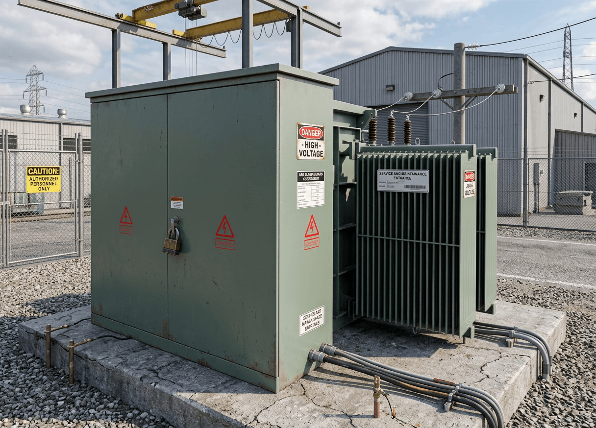 Outdoor Three Phase Pad Mounted Transformer with lockable cabinet and radiator cooling for industrial power distribution. 3-Phasen Pad Mounted Transformator im Freien mit abschließbarem Gehäuse und Radiatorkühlung für die industrielle Stromverteilung.