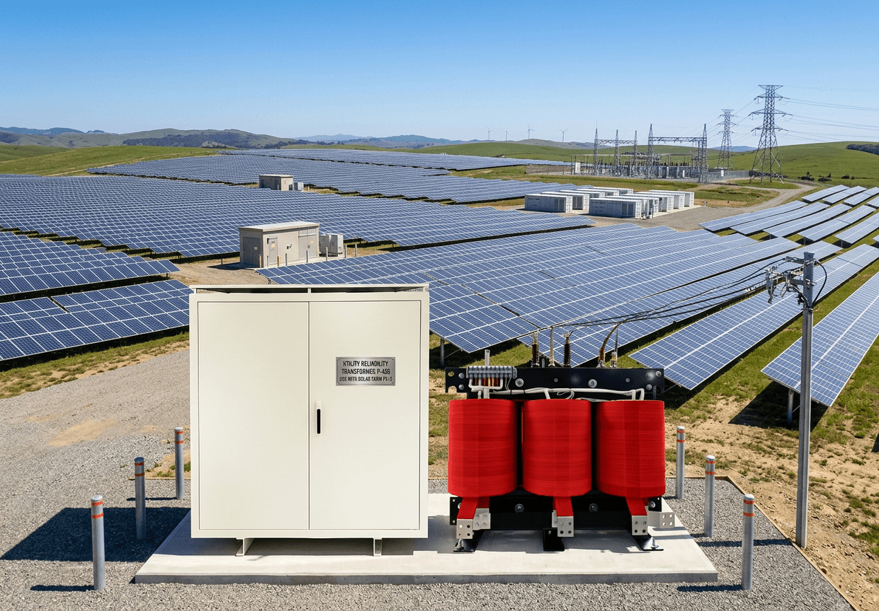 75kVA to 3735kVA Transformer installed at a renewable energy site providing stable utility power. 75kVA bis 3735kVA Transformator, installiert in einer Anlage für erneuerbare Energien zur stabilen Stromversorgung.