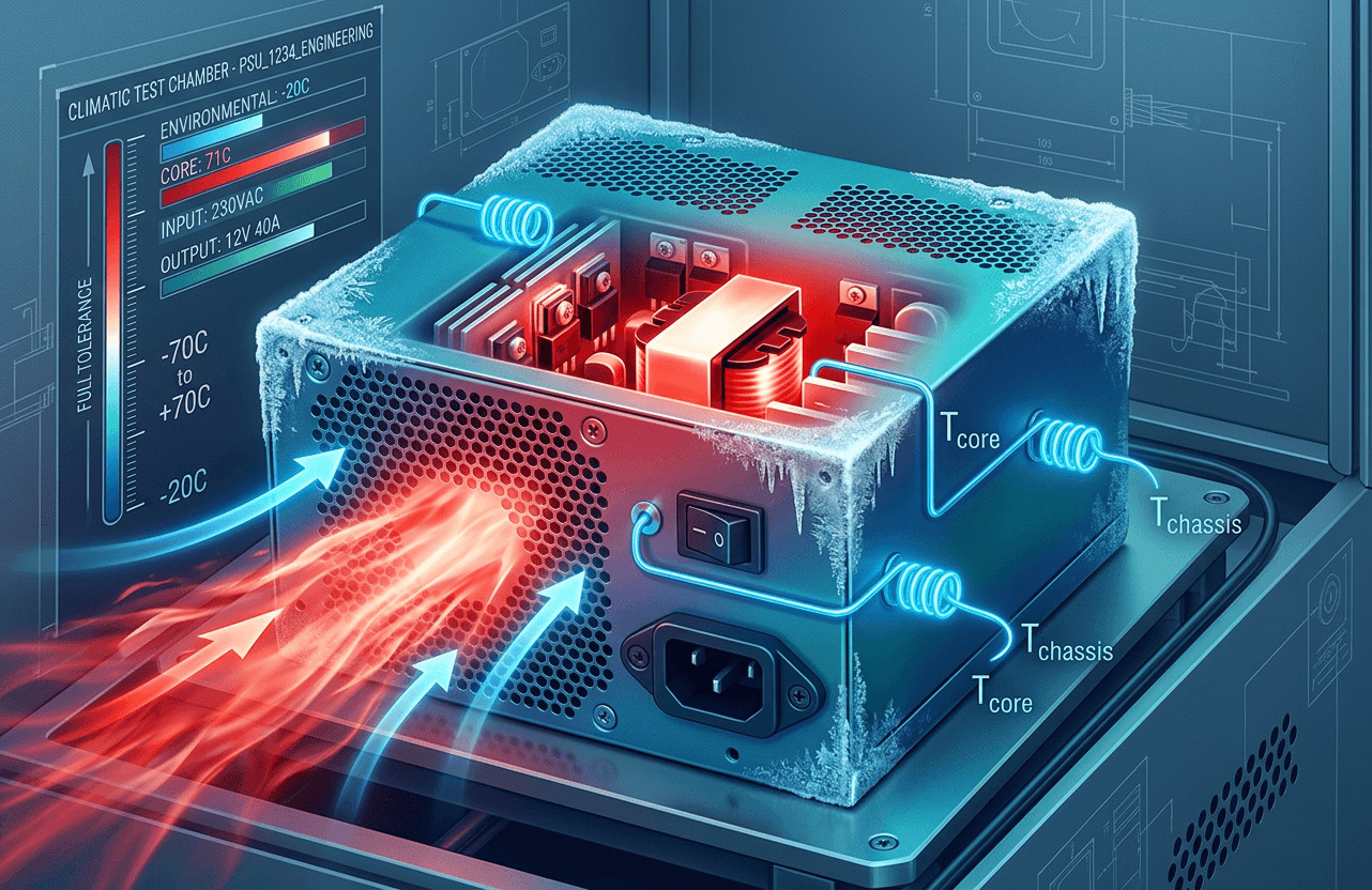 Thermal management and airflow dynamics of a wide temperature ATX power supply.
Wärmemanagement und Luftstromdynamik eines ATX Netzteils für erweiterte Temperaturbereiche.