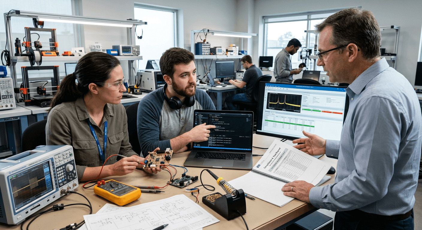 Development team collaboration with hardware engineer, firmware engineer, and compliance specialist reviewing prototype