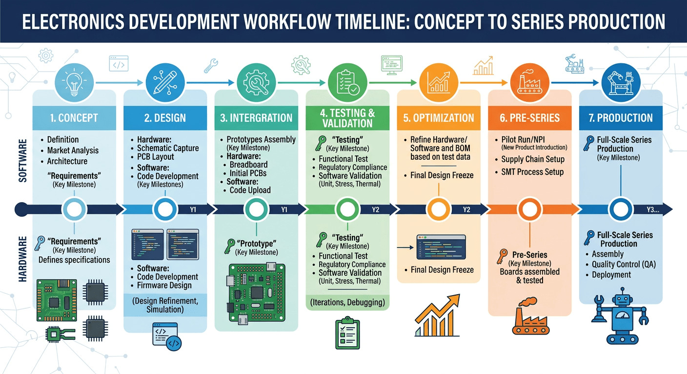 Development workflow timeline from concept through prototype to series production with milestones and documentation
