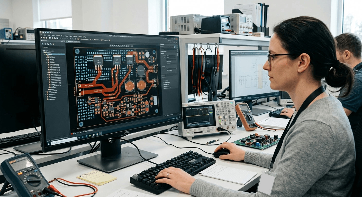 PCB layout in Altium Designer showing power electronics section with high-current traces and component placement
