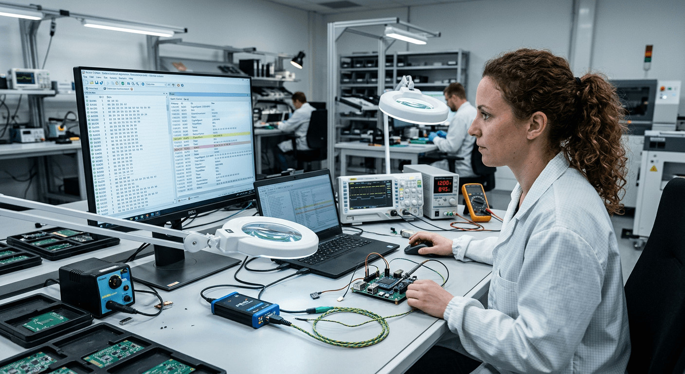 CAN bus analyzer displaying network traffic with CAN frames, embedded system connected, development environment
