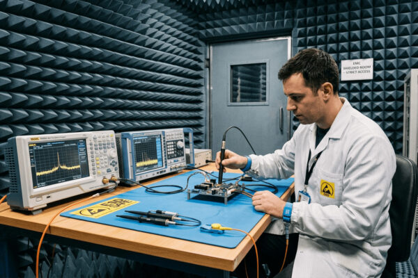 EMC pre-compliance testing setup with spectrum analyzer, near-field probes, and device under test in shielded environment