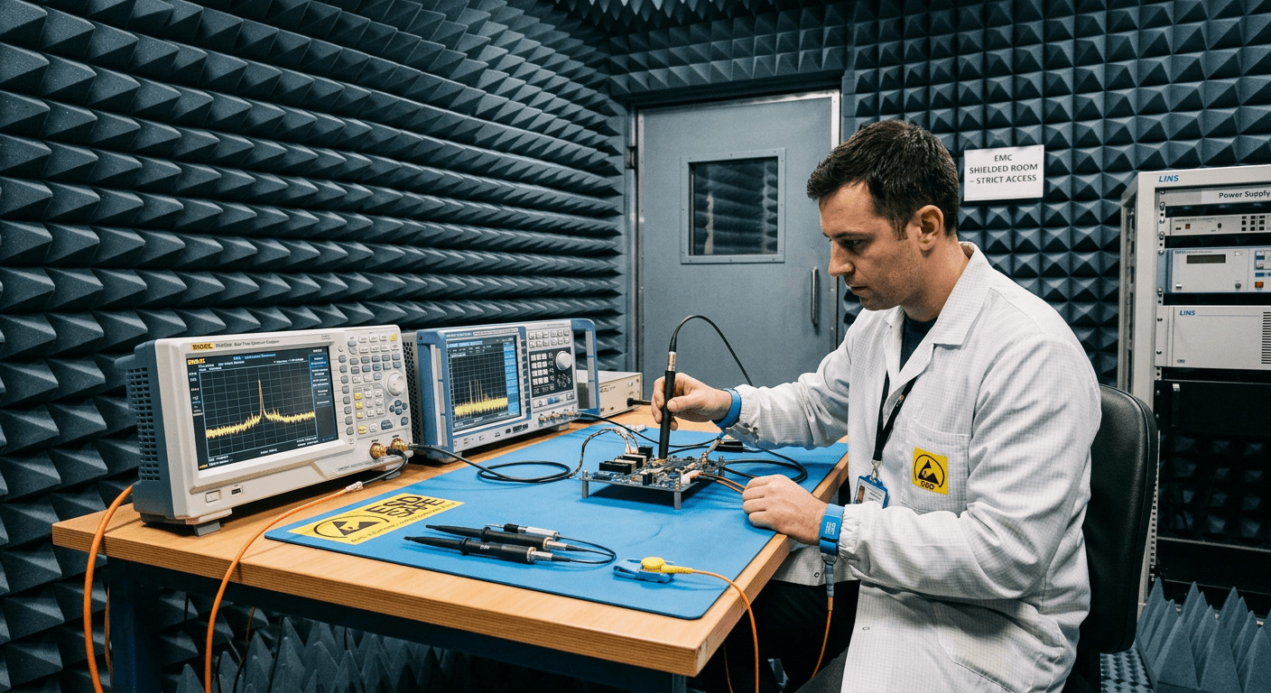 EMC pre-compliance testing setup with spectrum analyzer, near-field probes, and device under test in shielded environment